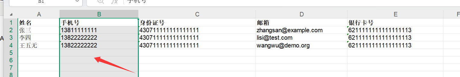 手机号位于B列的示例数据